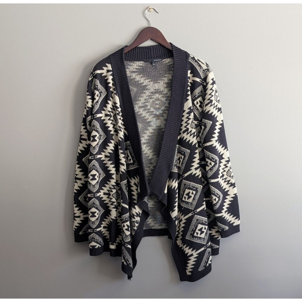 Harve Bernard Women's Large Open-Front Cardigan Sweater Black Cream Geometric